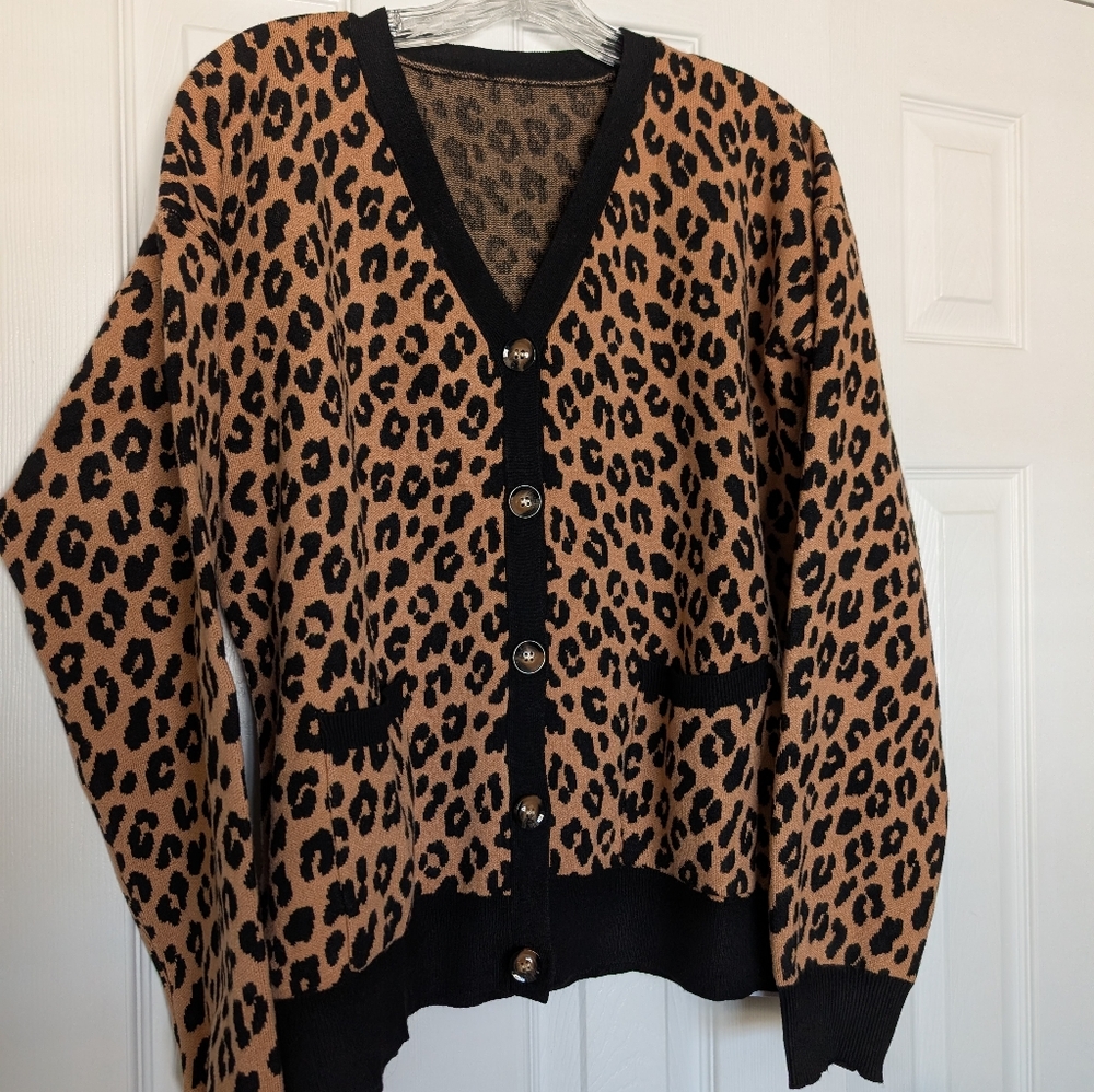 Brown Casual Women's Loose Fit Leopard Print Open Front Cardigan